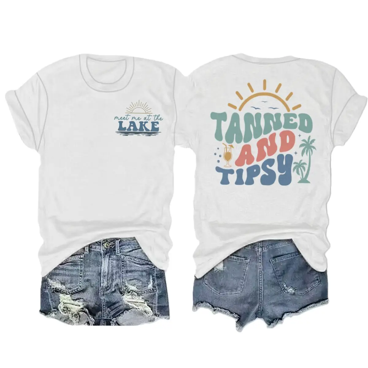 

Summer Beach Series T-shirts For Women Men "Tanned And Tipsy" Vacation Trip Tshirt Crewneck Short Sleeve Casual Camisetas Mujer