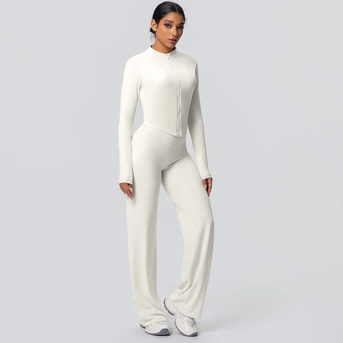 2 stück Schnell Trocknend Sport Fitness Kleidung Yoga Set Frauen Yoga Zipper Lange Ärmel Hohe Taille Atmungsaktive Breite Bein Hosen set – Detail 25