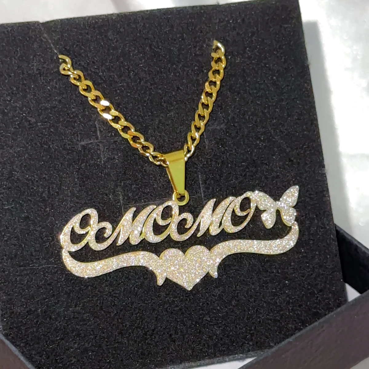 New Bling Name Necklace Custom 18k Gold Heart Butterfly Pendant Stainless Steel Cuban Chain Pendant for Women Detachable Jewelry