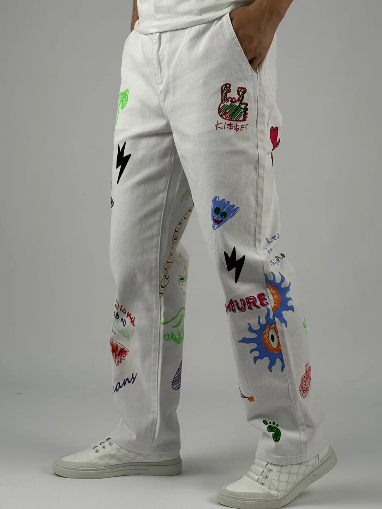 KING JEANS メンズ ストレッチウエストパンツ - ルーズストレートフィット - ヒップホップパーティートレンドプリント - クラシック万能ホワイト