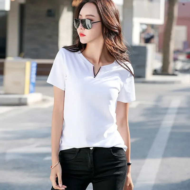 

2025 New Korean Summer Fashion V-neck Short Sleeve T-shirt for Women's Bottom Shirt and Student Top Y2k Top Shirts for Women