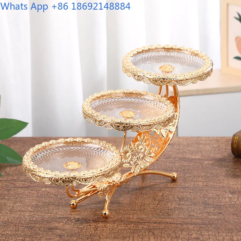 European Retro Printed Glass Round Lace Step Up Fruit Plate Light Luxury Hotel Club Dessert Display Decorative Plate