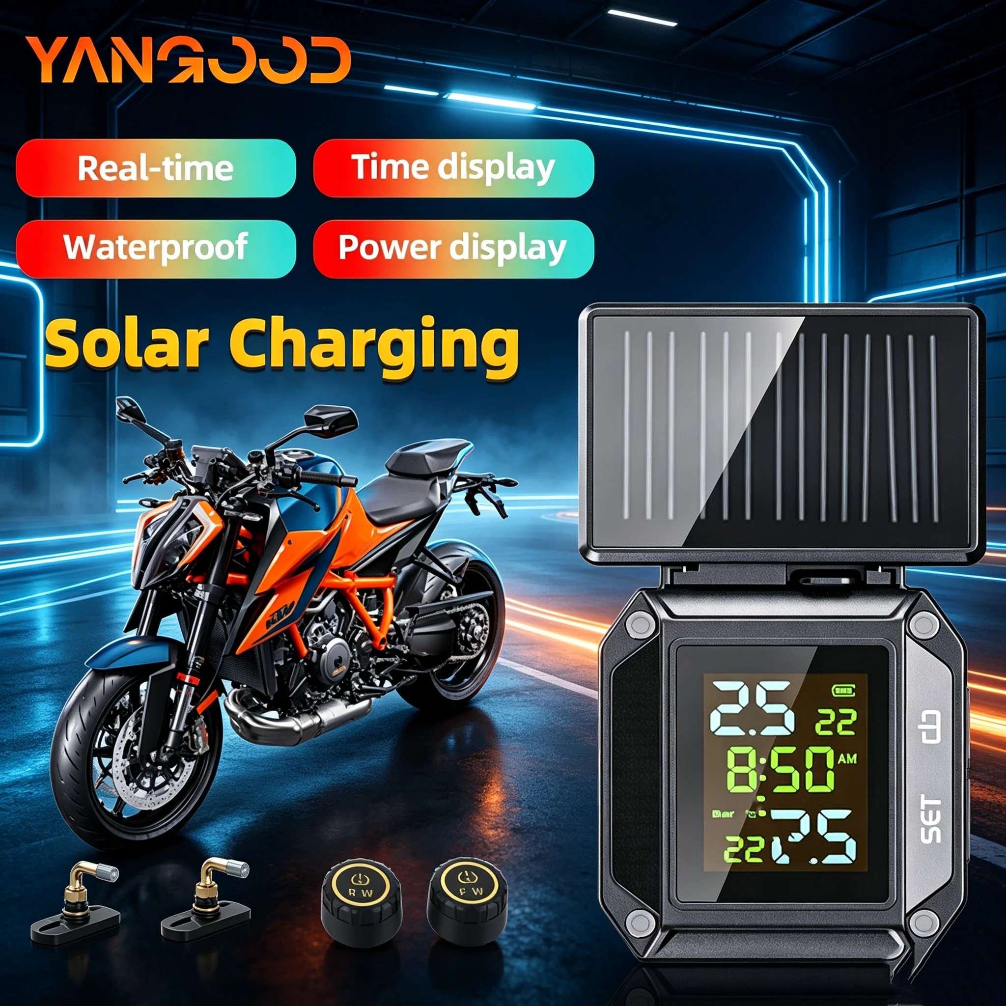 Motorbike TPMS Solar Power Tire Pressure Monitoring System with 2 Sensors LCD Display Tyre Temperature Alarm for Motorcycle