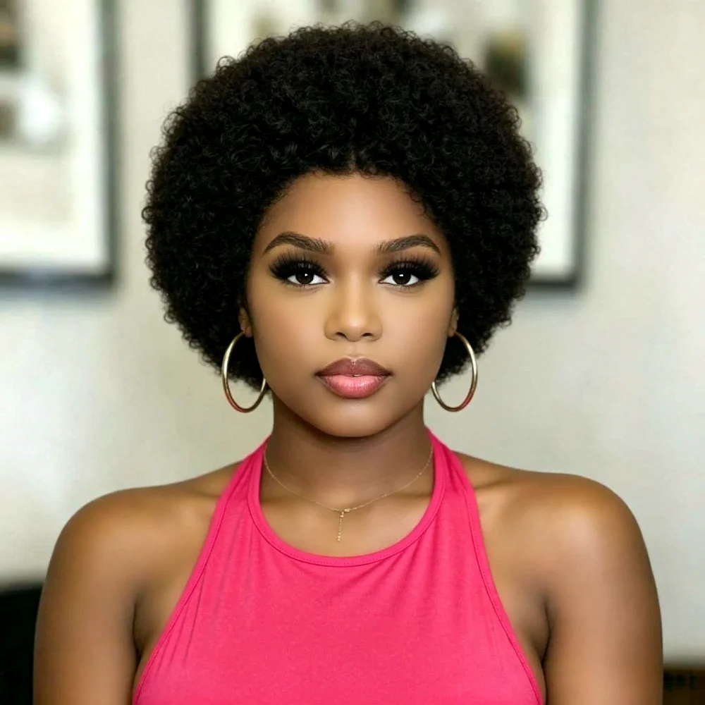 Full Machine Made Short Afro Kinky Curly Human Hair Wig, Natural Looking Curly Pixie Wig, Comfortable Wear Human Hair Wig