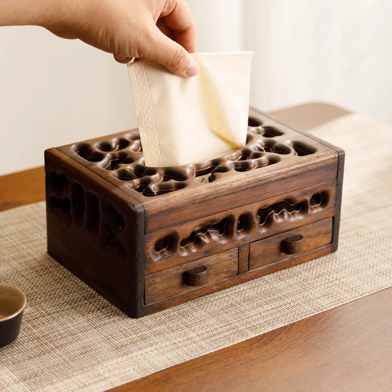 2026 New Premium High Solid Wood Multifunctional Tissue Box, Vintage New Chinese Style Remote Control Organizer for CoffeeTables
