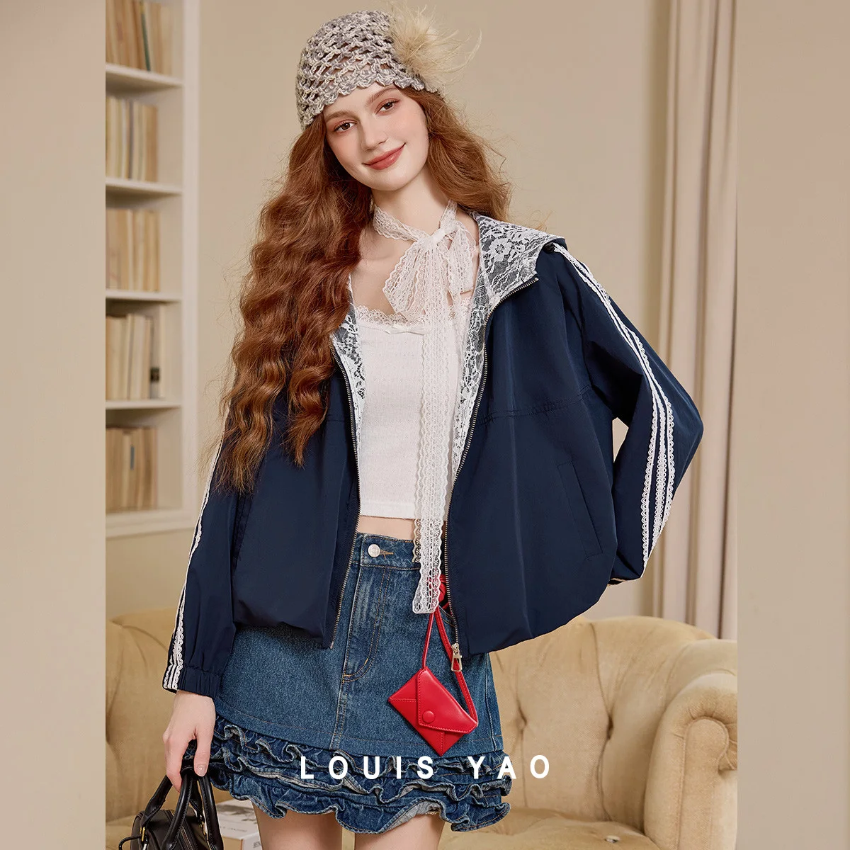 

LOUIS YAO Color Blocking Spliced Lace-Lined Coat Jacket 2025 Autumn Fashionable Elegant Cardigan Off Shoulder Women's Top