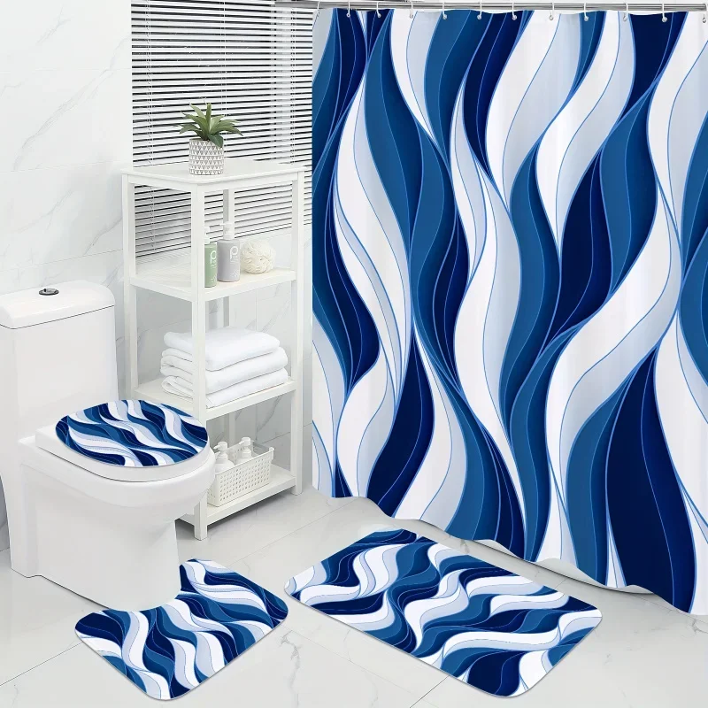 

Navy Blue And White Wavy Shower Curtain Set with 12 Hooks - Waterproof, Non-Slip Bathroom Rug, Toilet U-Shape Mat, Toilet Lid Co