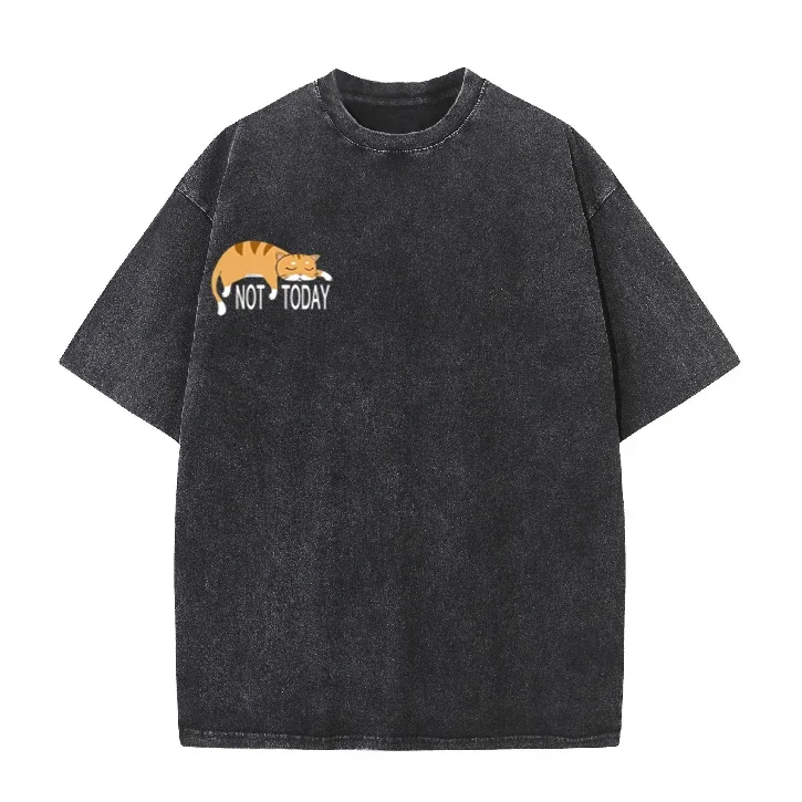 Not Today Lazy Cat Print Vintage Washed T-Shirt, süßes, übergroßes Baumwoll-T-Shirt mit schlafender Katze, Streetwear-Oberteile