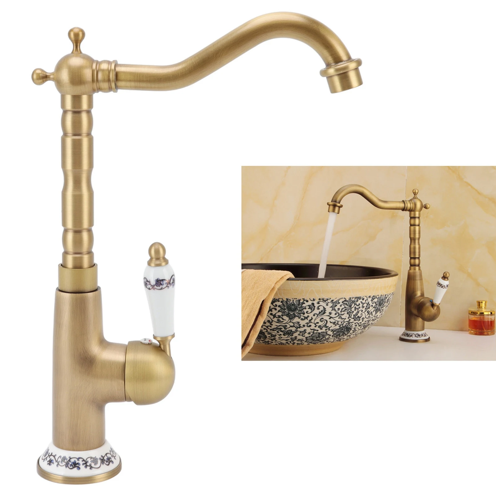 Antique Kitchen Faucet Gold All Copper European Antique Hot Cold Mixed 360° Rotating Kitchen Bathroom Sink Faucet