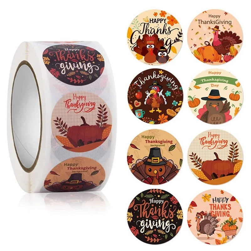 1000Pcs 1 Inch 8 Pattern Thanksgiving Day Stickers Roll Turkey Stickers For Thanksgiving Party Favors Supplies