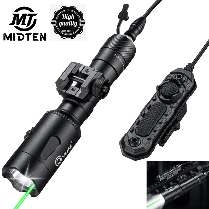 MidTen 1680 Lumens Laser Light Combo For Picatinny Rail Mount USB Rechargeable Flashlight Aiming Green Beam Pressure Remote Swit