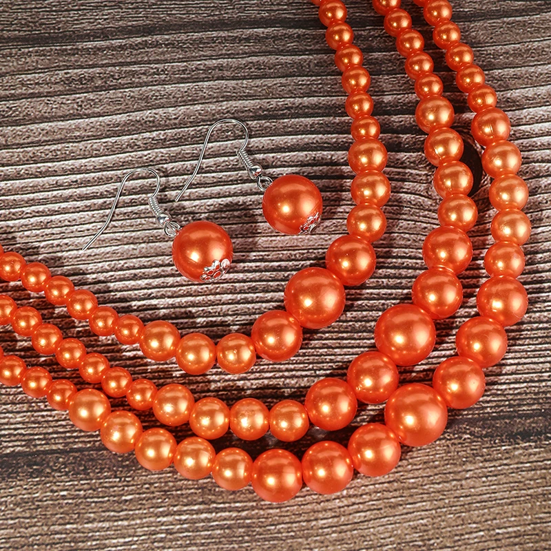 1set Three Layer Imitation Pearl Jewelry Set Party Orange Yellow Necklace Earrings For Women African Necklace Earrings S