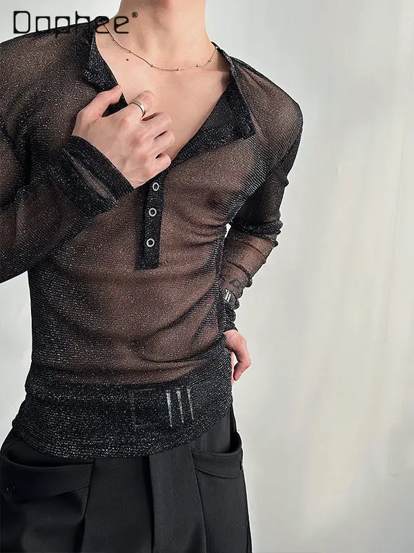 

Streamer Shiny Hollow Out Long Sleeve T-Shirt Men Fashion Skinny Sexy Lapel Loose Top Men's High Street Punk Style Men Clothing
