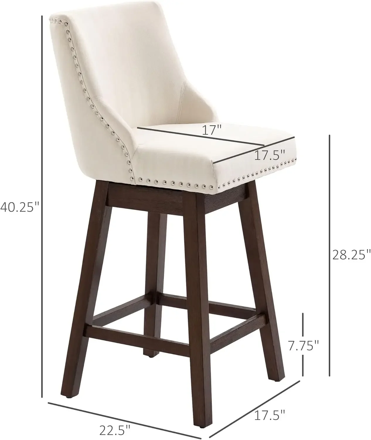 Height Bar Stools Set of 2, Armless PU Leather Upholstered Barstools Chairs with Nailhead Trim and Wood Legs, Cream White