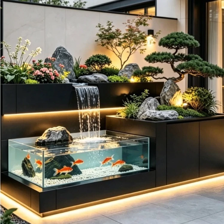 Modern Stainless Steel Outdoor Water Feature Fish Pond with Waterfall Creative Garden Landscape Fish Tank Villa Courtyard Decor