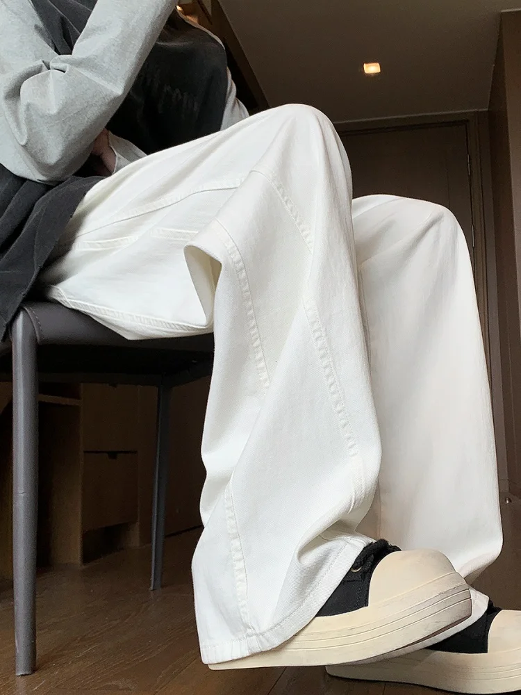 

White Straight Leg Loose Fit Jeans Men's Spring Autumn American High Street Style Long Pants Youth Wear Denim Fabric