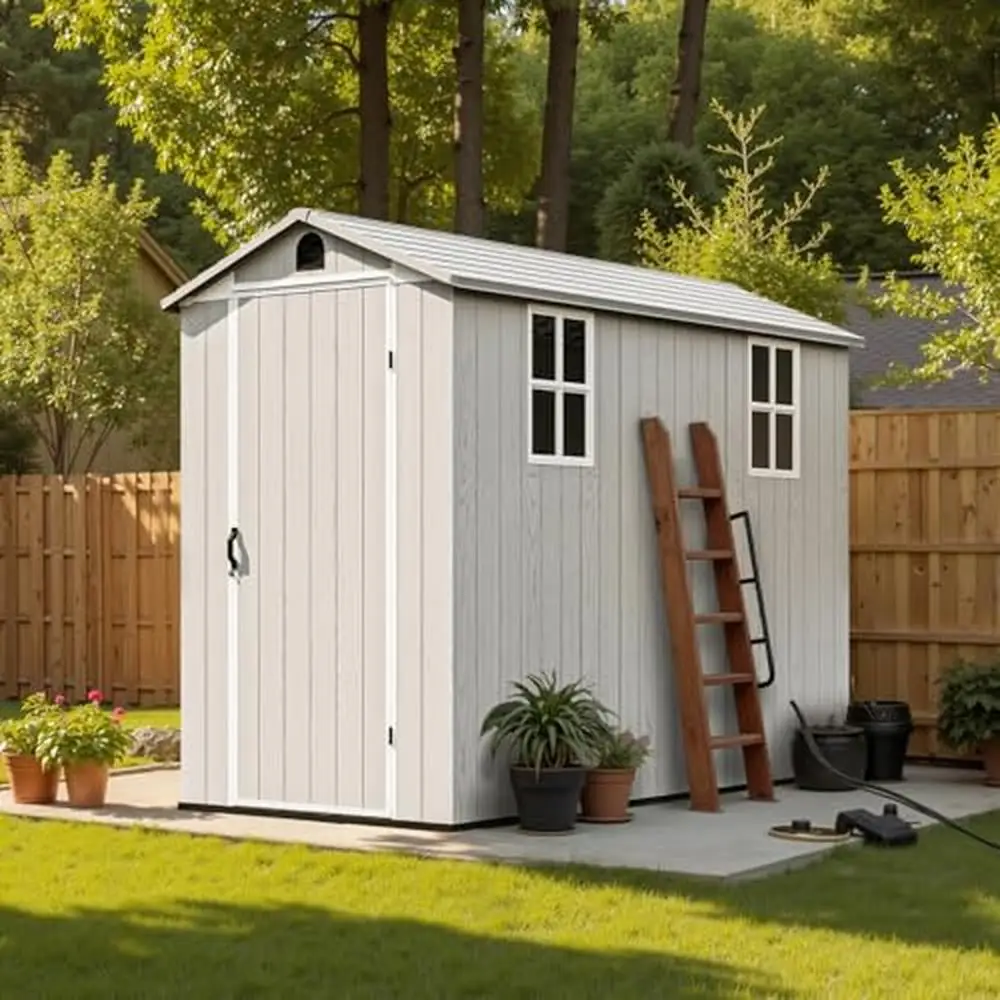 Outdoor Resin Storage Shed 8x4 FT with Floor Windows Lockable Door Weatherproof & Durable Plastic Garden Storage Box Easy