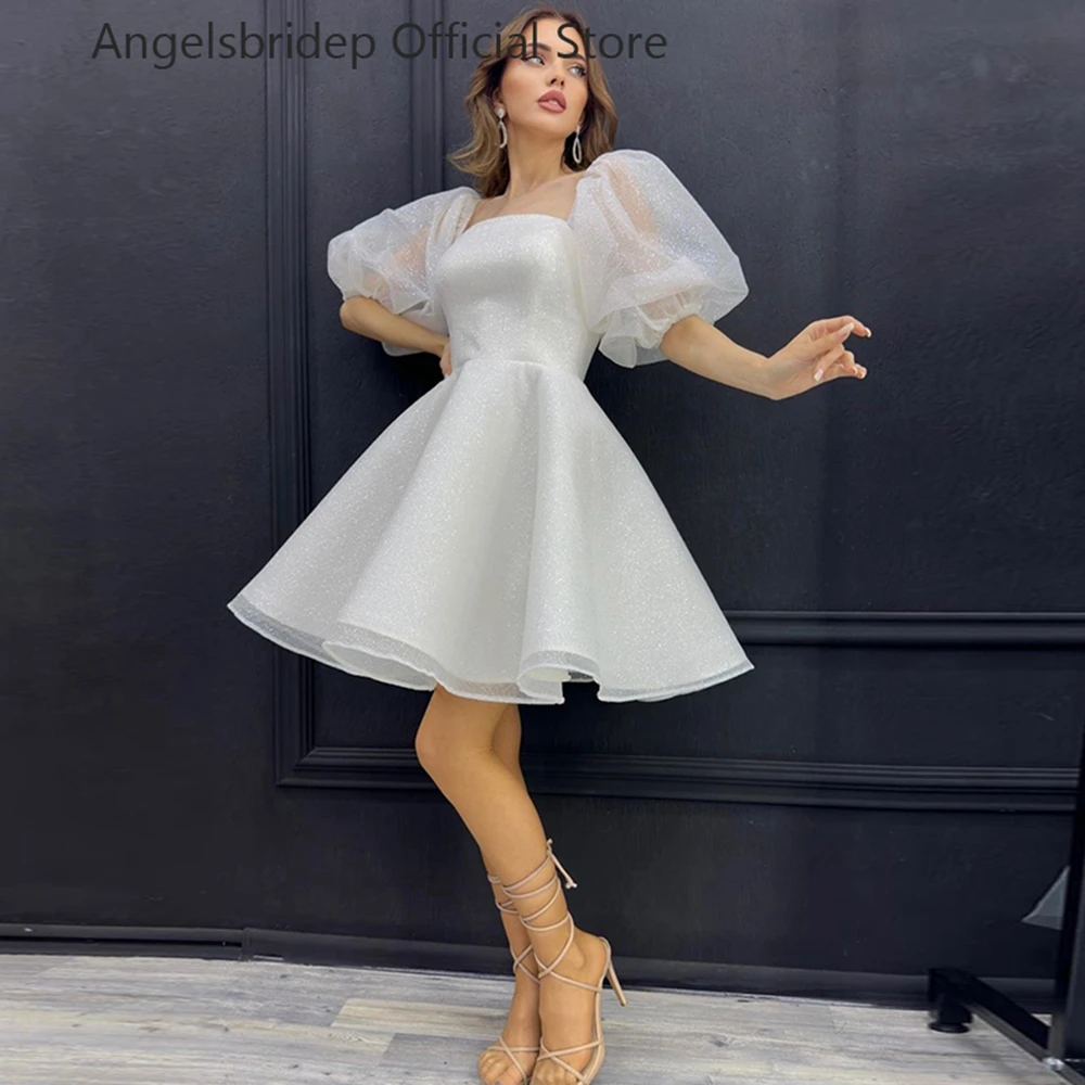 

Angelsbridep Strapless Glitter Tulle Evening Dresses Short Dress A-line Puff Sleeves Evening Gowns Vestidos De Noche Prom Gowns