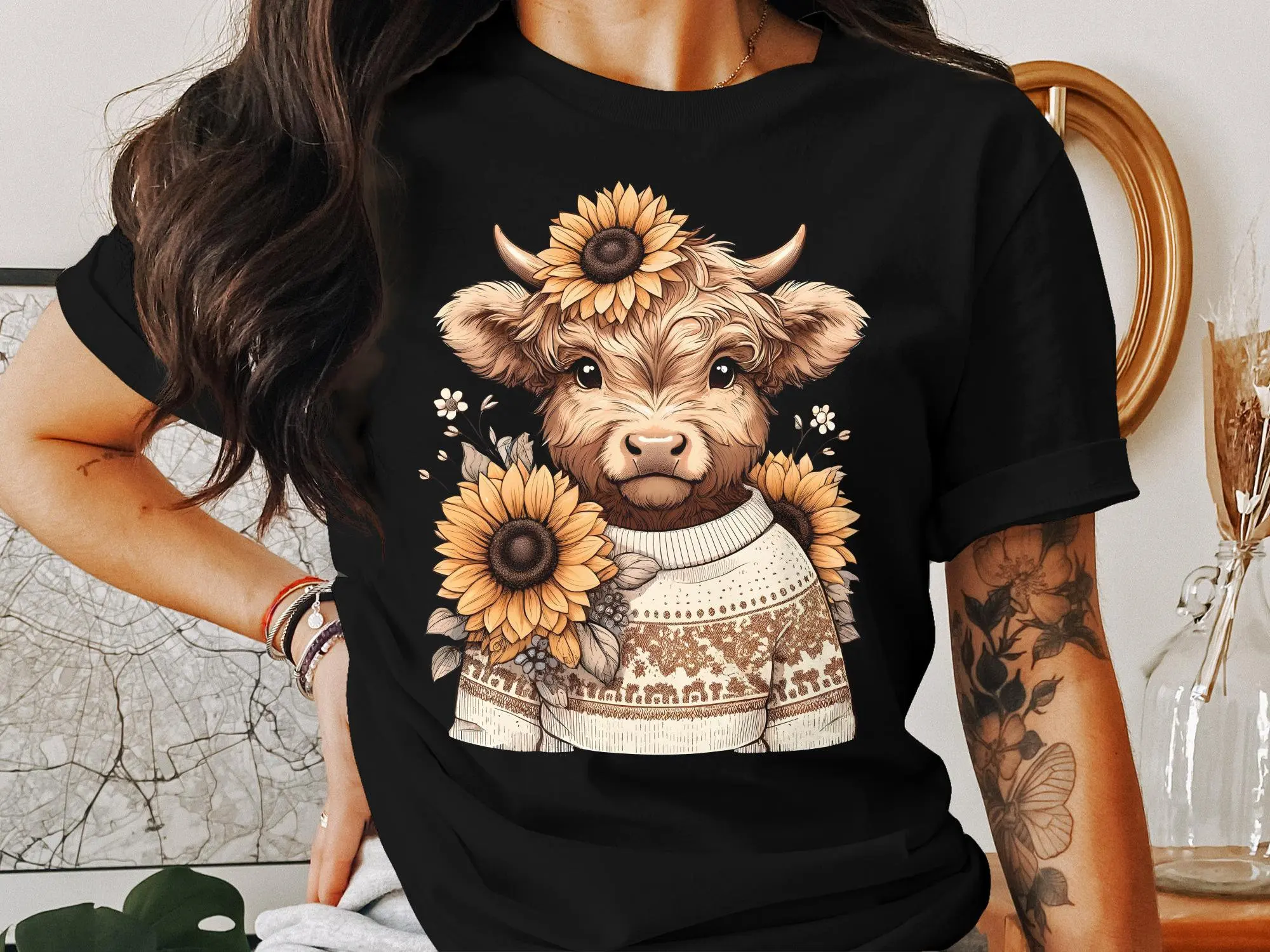 Sunflower Cow T Shirt Cozy Sweater Bovine Floral Cute Farm Animal Lover Country Style