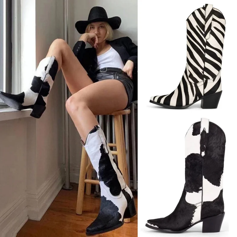 Knee-Length Elastic Rider Boots Round Heel Square Toe Western Boots Plus Size Knee-High Women's Boots