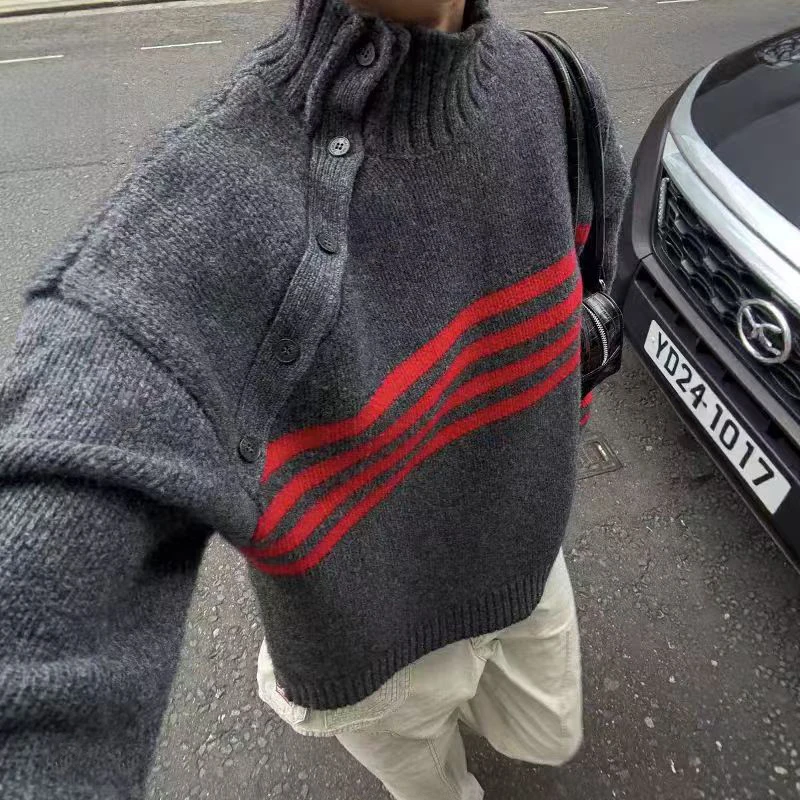 

Модный американский свободный полосатый свитер с высоким воротником, вязаный, теплый, женский, с боковыми пуговицами, повседневный, с длинными рукавами