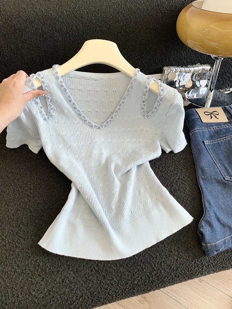 Slim-fitting Off-shoulder Blouse with a Strong Design, Heavily Beaded, Elegant, and Youthful-looking T-shirt for Women