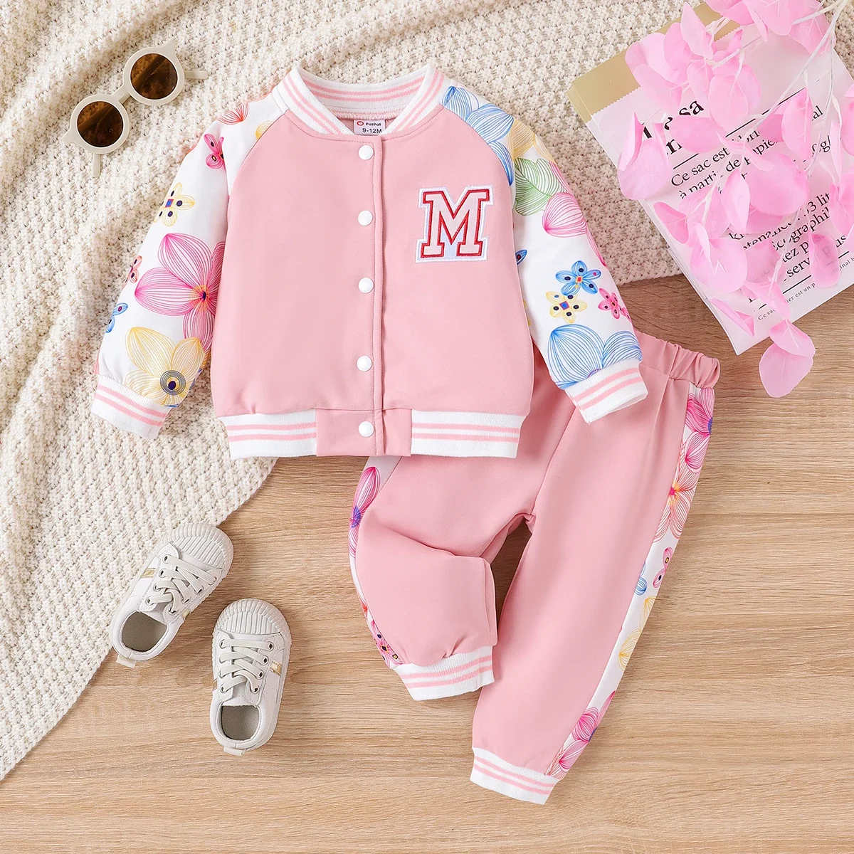 PatPat 2PCS Baby Girl  Fabric Flower Design Casual Long Sleeve Set Perfect for Outings and Daily Wear Basic Style