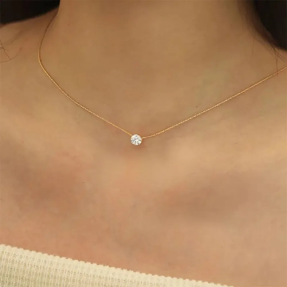 Image of Peri'sbox Zierliche, minimalistische Solitär-Zirkon-Charm-Halskette, Anti-Anlauf-Edelstahl-Kette, runde Halskette mit klarem CZ-Stein