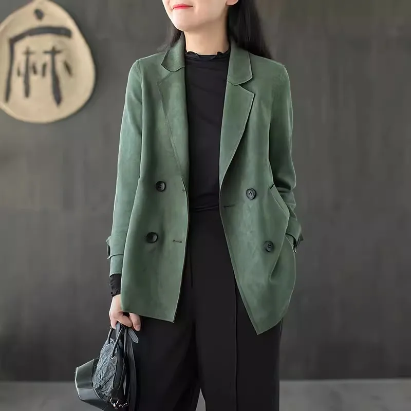 Suit Collar Deerskin Velvet Coat Women 2024 New Spring And Autumn Korean Fashion Double-Breasted Loose Long-Sleeve Jacket W418