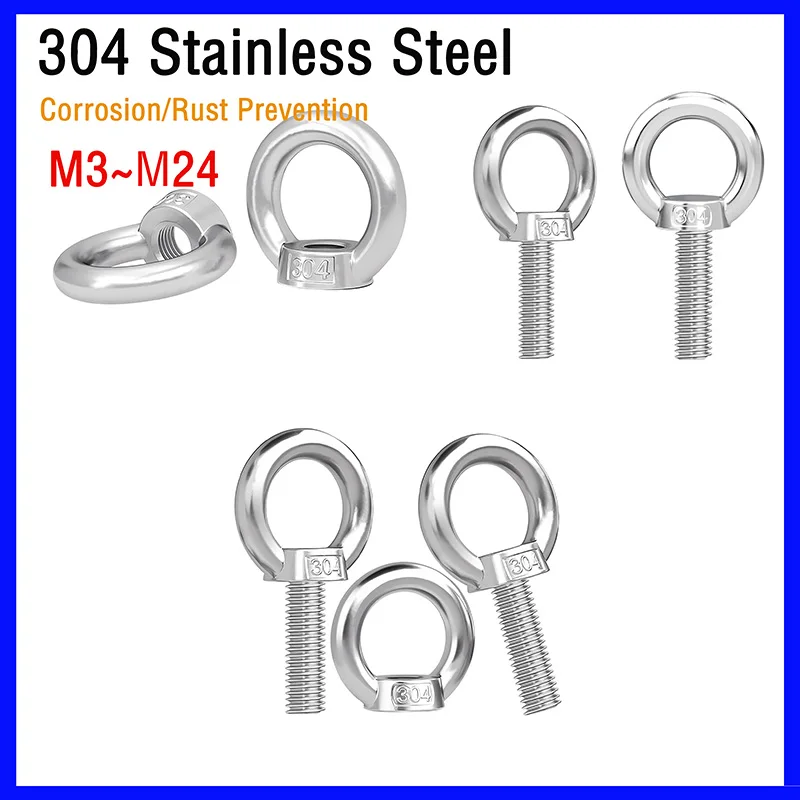 M3~M24 304 Stainless Steel Ring Bolts Lifting Bolts and Nuts with O-Rings and Extended Bolts Eye Bolt Marine Lifting Eye Screws