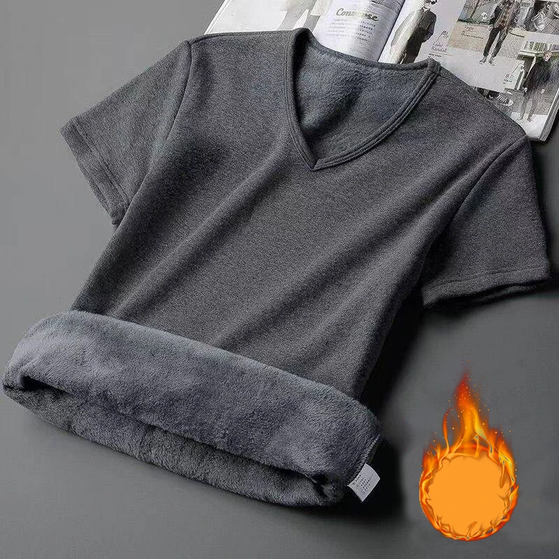 1pcs Mens V-neck Velvet Thermal T-shirts Man Solid Fleece-lined Lined Short Sleeves Tee Male Round-Neck Base Layer Pullover Tops