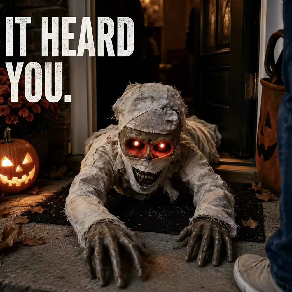 Halloween Crawling Mummy with Glowing Eyes Terrifying Sound Voice-Controlled Electric Crawling Perfect for Halloween Decorations