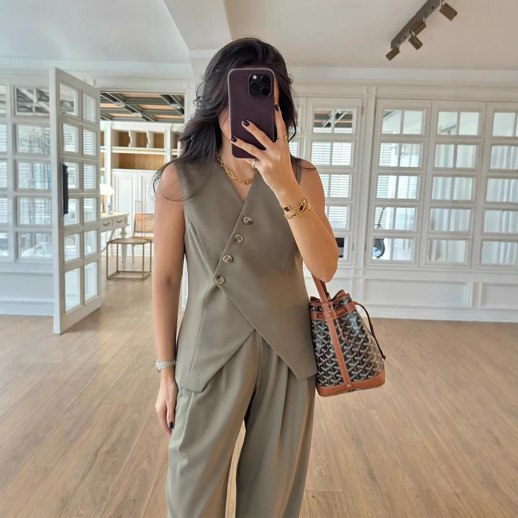 European and American Fashion Casual Set, V-neck Design Sense, Saistcoat, Sigh-waisted Women's suit And Long Pants Wwo-piece Set