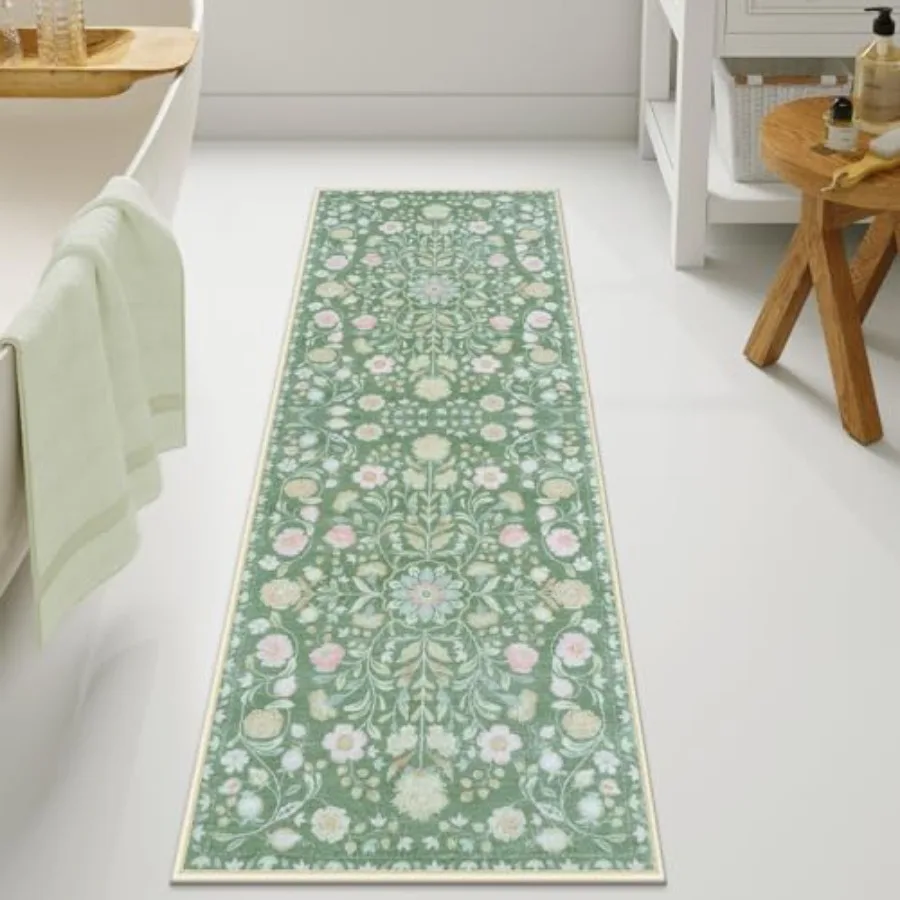 

Bathroom Runner Floral Long Bath Mat Ultra Soft Machine Washable Large Bathroom Rugs Non-Slip Boho Vintage Floral Bath Rugs for