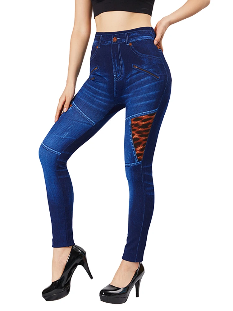 Cuhakci Splice Luipaardblauwe Valse Jeans Nep Rits Zakken Print Stretch Imitatie Denim Broek Slim Fit Leggings Vrouwen Jeggings