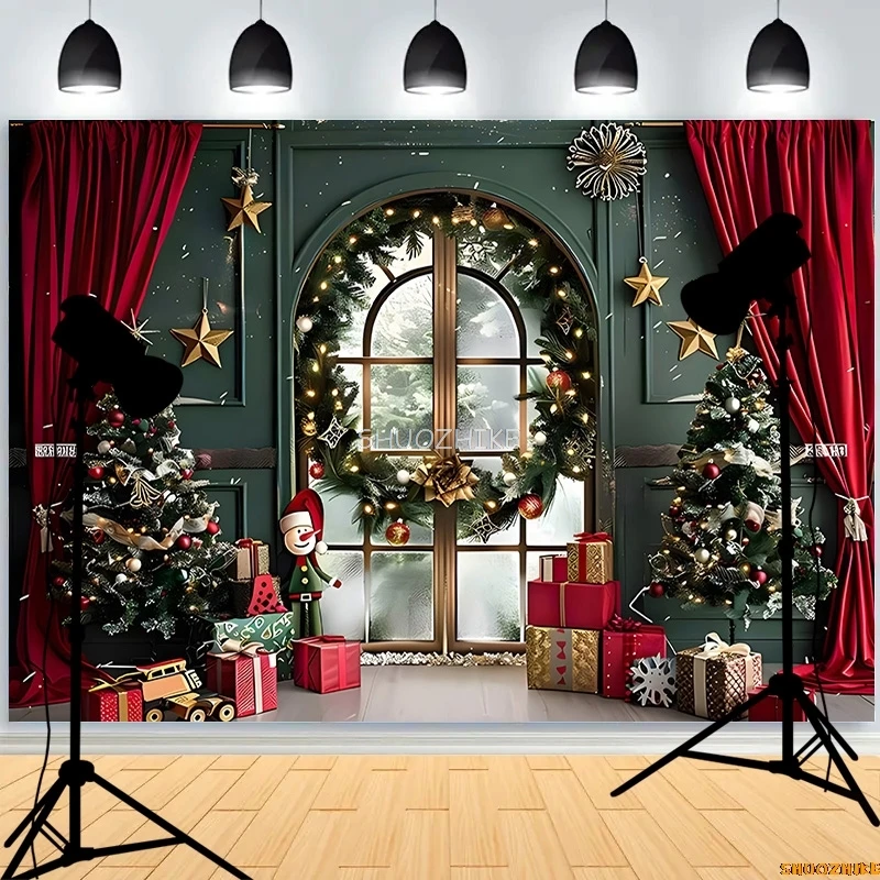 SHUOZHIKE  Christmas Wreath Window Photography Backdrops Prop Happy New Year Decoration Family Holiday Party Background RR-66