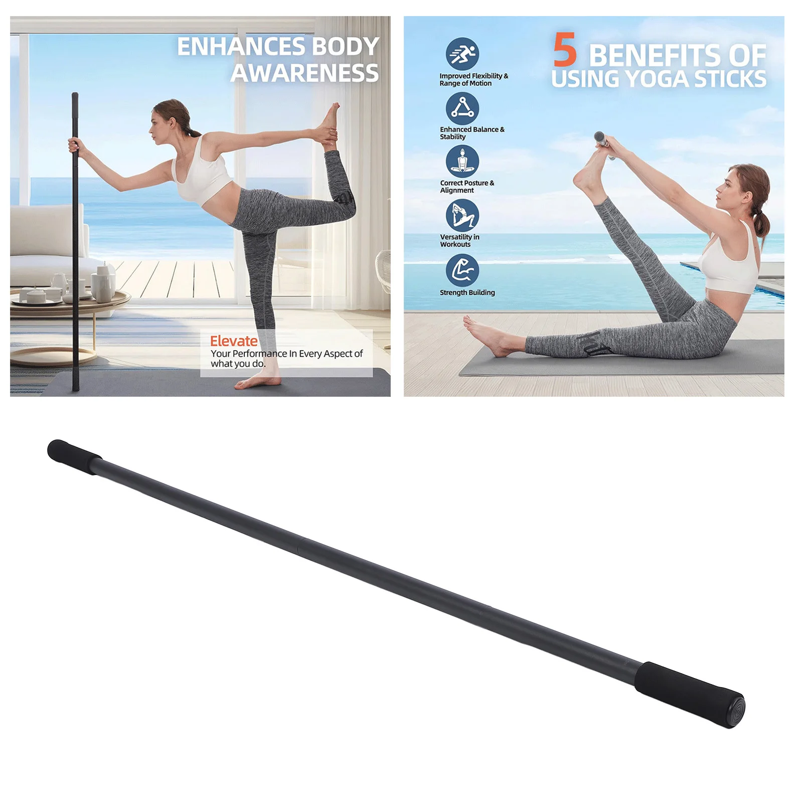 Workout Pole Adjustable Metal Yoga Stick Workout Stretching Stick Strengthen Muscle Secure Grip with Foam Handles for Exercise