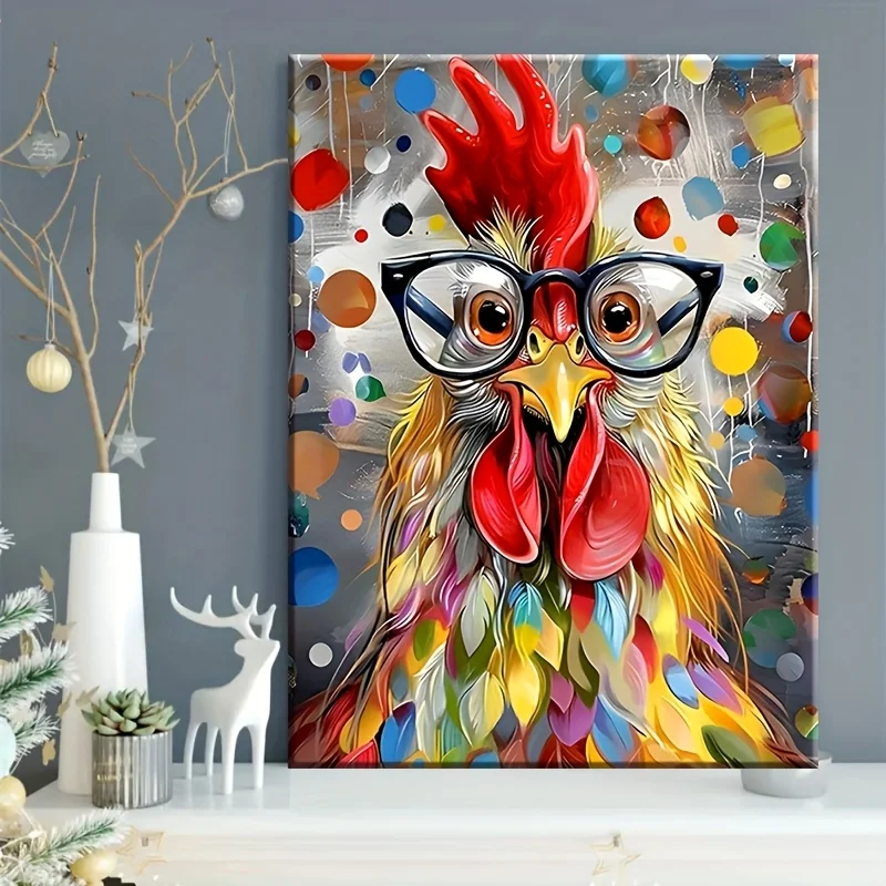(No frame)1pc Whimsical Rooster Canvas Wall Art with Solid Wood Frame - Vibrant Colorful Modern Farmhouse Decor, Waterproof R