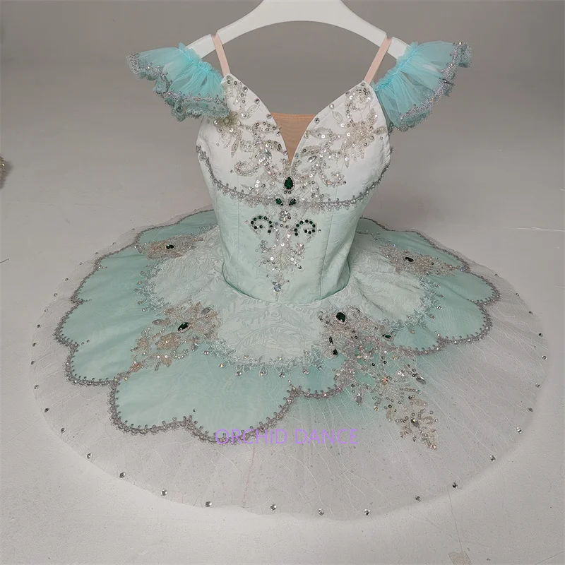 Womens Light Blue Lace Flutter Sleeve V Neck Ballet Tutu Performance Dress Silver Line Emerald Rhinestone Scroll Embroidery Peta