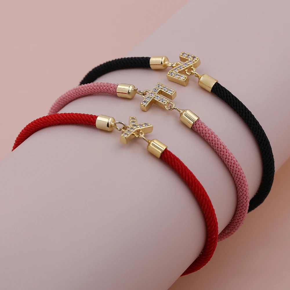 Fashion Gold Color Initial 26 Letters Alphabet  CZ Bracelet Pink Red Color String Brass Caps Trendy Lover Adjustable Bracelet