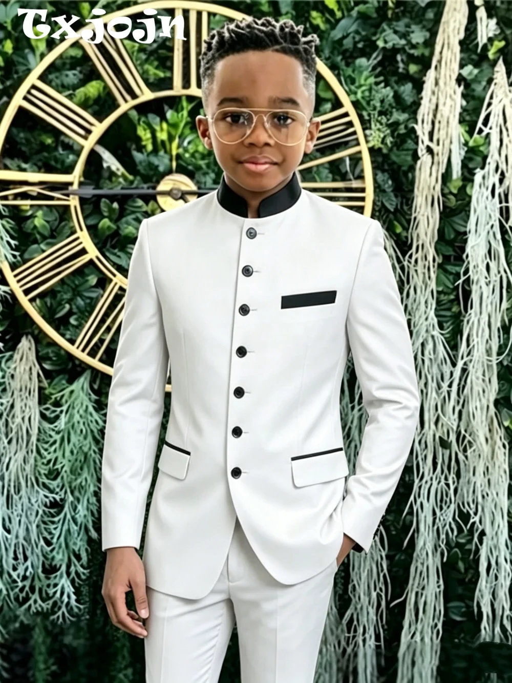 New African Boys Formal Suit Set 2 Pieces Wedding Ring Bearer Outfit Classic Stand-out Collar Kids Slim Fit Tuxedo For Birthday