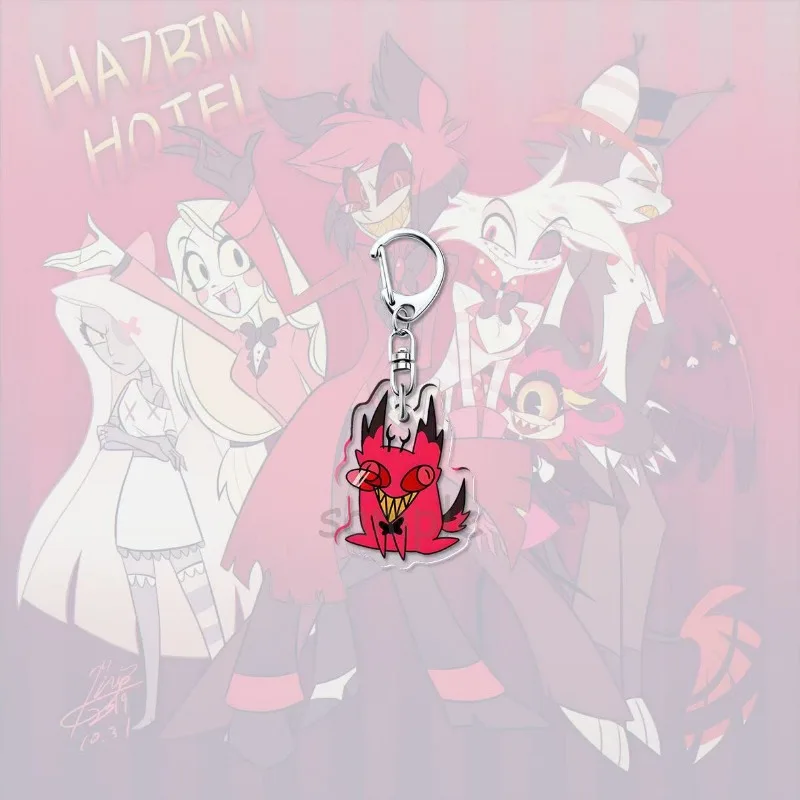 Hazbin فندق الكرتون سلسلة مفاتيح مصنوعة من الأكريليك أنيمي الشكل Alastor لوسيفر فوكس مضحك القط مفتاح سلسلة ظهره ديكور قلادة كيرينغ الهدايا