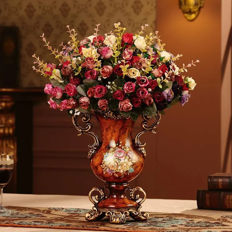 

European Resin Vintage Vase Fake Flower Arrangement Ornaments Home Room Desktop Accessories Crafts Coffee Table Decoration Items
