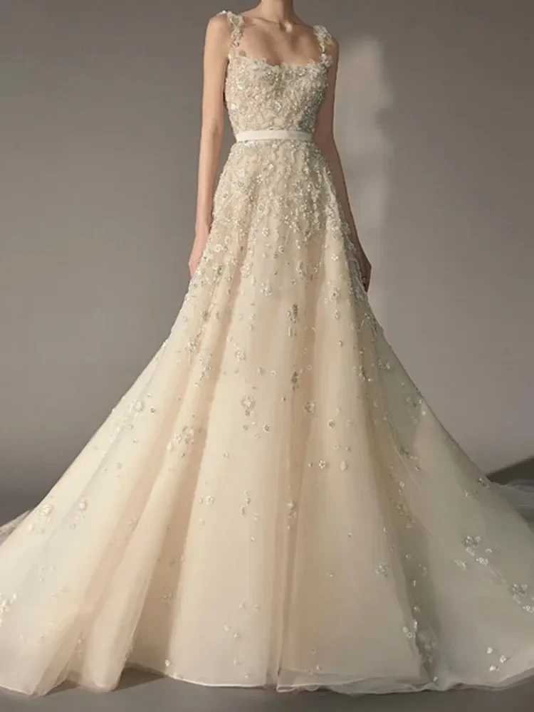 

Elegant Sweep Crystal Train Beading Formal Prom Dress Luxury A-Line Spaghetti Strap Haute Couture Evening Dress Customized