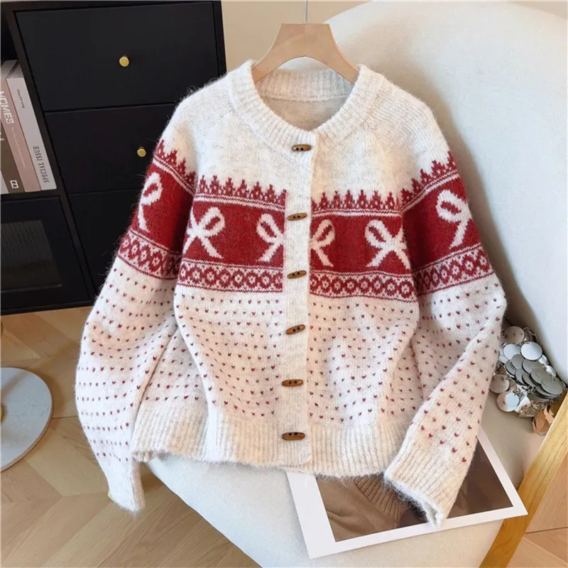 

Fashion Bow Pattern Knitted Sweater Cardigan Coat Spring Autumn Women New Round Neck Long Sleeve Ox Horn Buckle Knitting Jacket