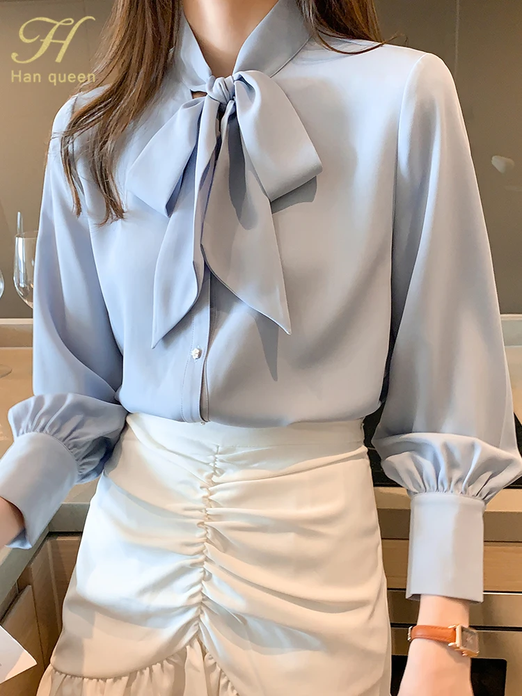 H Han Queen New Arrival Shirt Womens Blouse Vintage Work Casual Tops Chiffon Blouse Bow Elegant Loose Women Business Shirts 2021