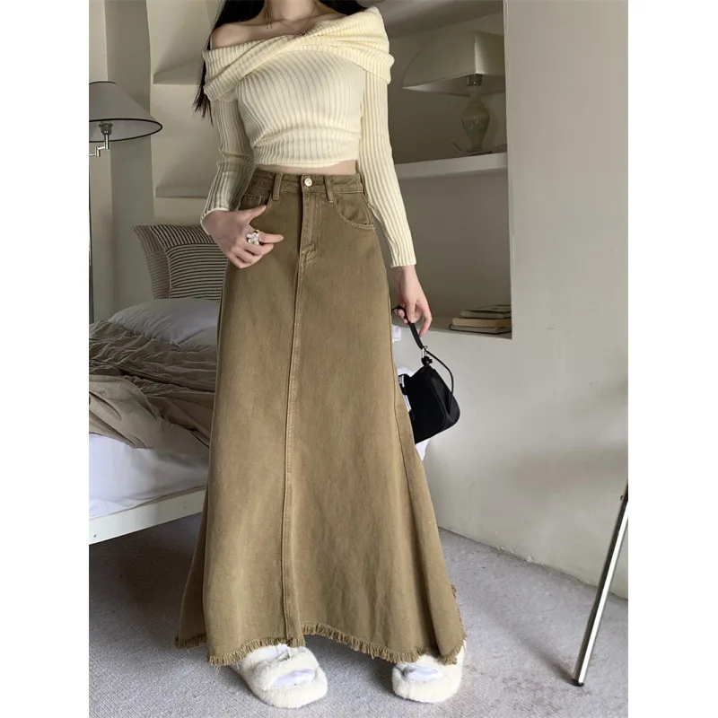 

French Fashionable and Elegant Tassel Plush Edge Denim Skirt 2024 Women's Spring New High Waist Fishtail A-line Skirts