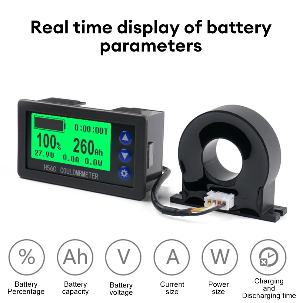 H56CH Hall Coulomb Meter Digital Voltmeter Ammeter Counting Battery Capacity Indicator LCD Display Voltage Current Meter 50-400A