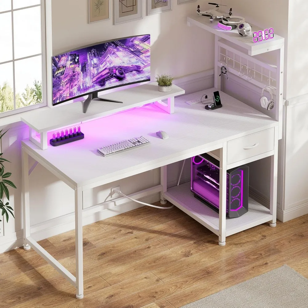 

40" Reversible Computer Desk with Power Outlets & LED Lights,Home Office Desk with Drawers & Storage Shelves, Gaming Desk with
