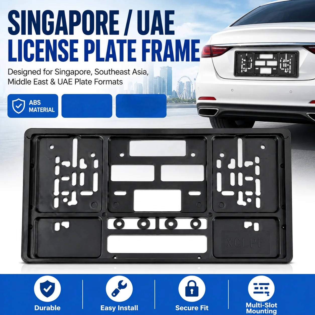 Universal protective license plate holder compatible with short license plates in Singapore, the Middle East, UAE, Dubai,